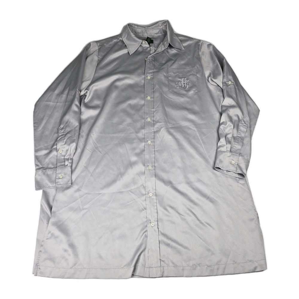 Lauren Ralph Lauren Nightshirt Womens L Button Down Silver Satin Like~Classy~